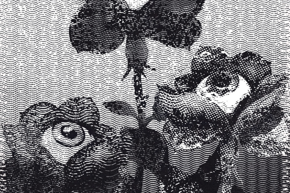 Gerasterte Grfaik in schwarz-weiß von drei Rosen mit Glubschaugen in der Mitte.