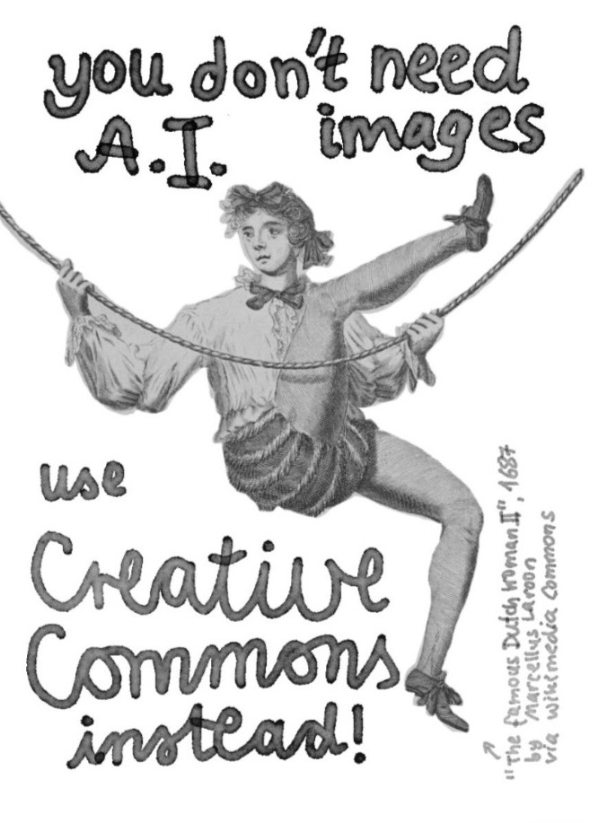 Cover: You dont need A.I. images, use Creative Commons Instead! Dazu einealte Illustration aus dem 17. jahrhundert von einer Luftakrobatin am Seil (The famous Dutchwoman II von Marcellus Laroon)